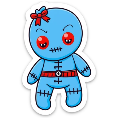 A Carolina blue voodoo doll with red stitching and buttons for eyes, with several pins stuck in it sticker