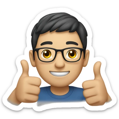 asian male with glasses and short hair and pale skin with a big thumbs up sticker
