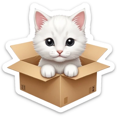  A very cute white young kitten cat with one's head tilted to one side poked its paws out of the cardboard big box and placed them on top of it sticker