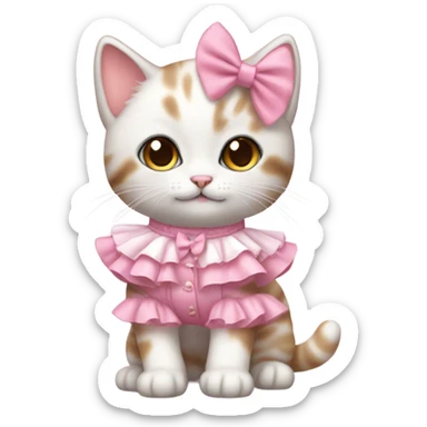 Kitten dressed in cute frilly pink and was white clothes with a bow sticker