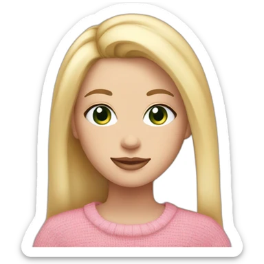 white girl, green eyes, blond staight hair pink lips pink sweater with smiley  sticker