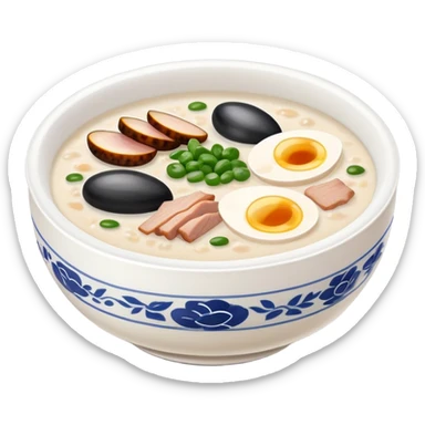 Guangzhou rice porridge congee with century egg and pork, simplified emoji style with bold outlines and bright colors, cartoon style Southern Chinese breakfast bowl sticker