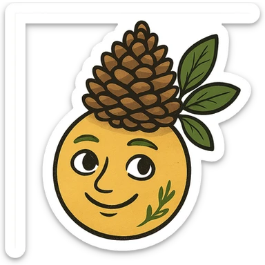 yellow face with pinecone crown, nature theme, digital illustration sticker
