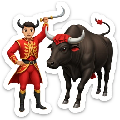 Create a realistic image of a traditional bullfighting scene in a Spanish arena.
Show a bullfighter (matador) HOLDING a red cape (muleta) not wearing one. as a powerful black bull charges toward it. sticker
