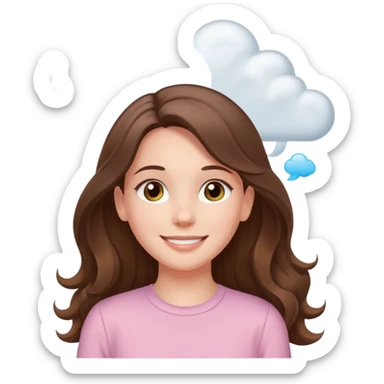 happy white long brunette hair girl with hazel eyes in light pink with white cloud thought bubble sticker