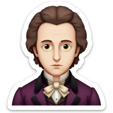 Cinematic Realistic Chopin Portrait Emoji, depicted as an introspective composer with expressive eyes and period attire, rendered with rich textured detail and soft classical lighting that captures his emotive musical genius. sticker