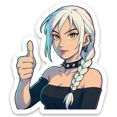  she is throwing a huge emphatic thumbs up, a closeup portrait of young woman with gold yellow eyes, white hair, long braid, black off-shoulder top d-cup, punk gothic style, futuristic cyberwave cyberpunk, sitting position
 sticker