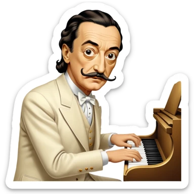 Salvador Dali with his iconic mustache playing a piano sticker