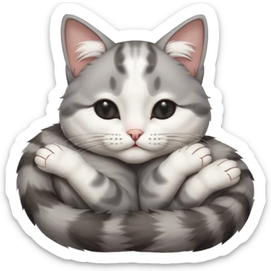 grey and white small cat with eyes closed lying down upside down with its paws/arms tightly covering its own face sticker