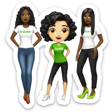 white woman with black hair wearing a t-shirt with the name.D'NUTRI wearing slime green jeans wearing high heels sticker