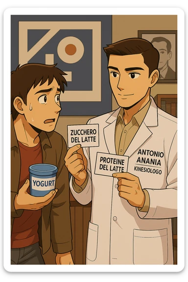 fai un webtoon manga a colori con questo stile, in cui un uomo ASCOLTA Il kinesiologo con il camice bianco (fagli anche la scritta "ANTONIO ANANIA" SUL CAMICE, IL KINESIOLOGO SPIEGA ALL'UOMO UNA COSA TENENDO DUE FOGLIETTINI IN MANO, UNO CON LA SCRITTA "ZUCCHERO DEL LATTE" E UNA CON LA SCRITTA "PROTEINE DEL LATTE". L'UOMO OSSERVA LO YOGURT CHE HA IN MANO CON ESPRESSIONE DUBBIOSA IN VOLTO. non fare i fumetti però, fai solo in modo che sembri stiano parlando sticker