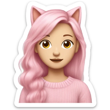 Giselle aespa, pink soft hair, pale skin, sweater pink soft with cat ears sticker