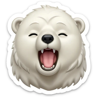 Cinematic Cute Yawning Polar Bear Portrait Emoji, Head tilted slightly with a dramatic, wide-open yawn, showcasing luxuriously thick fur and sleepy, half-closed eyes radiating drowsy contentment, Simplified yet irresistibly adorable features, highly detailed, glowing with a soft, cozy polar light, high shine, relaxed yet expressive, stylized with a dash of whimsical arctic charm, soft glowing outline, capturing the essence of a drowsy yet affectionate guardian that seems ready to stretch out for a nap! sticker