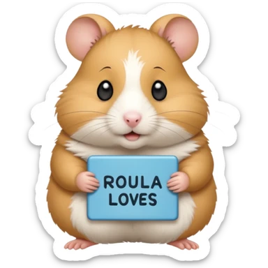 Hamster with a sign that says “ROULA LOVES IBRAHIM MORE” sticker