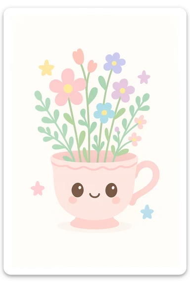 a teacup with wildflowers, cottage core style, delicate and vintage aesthetic, soft pastel colors sticker