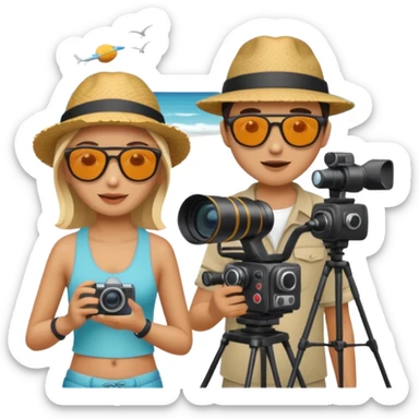 a film crew with camera equipment at a beach, overseas filming sticker