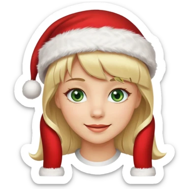 Beautiful smiling green eyed blonde with bangs wearing a Santa hat sticker