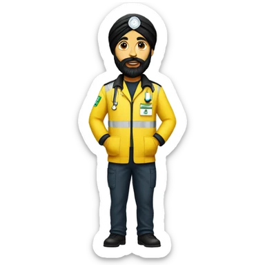 Skinny sikh man with beard wearing a black turban and a yellow paramedic jacket sticker