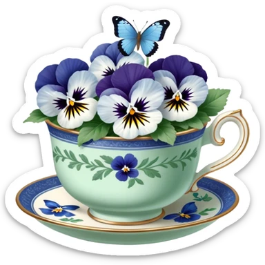 A cluster of blue and white pansies in an antique green porcelain cup, with a blue butterfly gently landing on a petal sticker