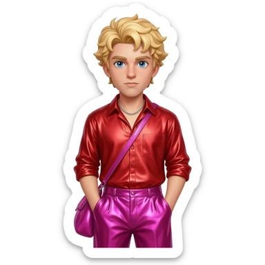 Eros from Greek Mythology with blue eyes, blonde hair, red metallic shirt, hot pink metallic baggy pants, silver necklace sticker