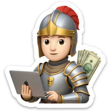Knight with helmet holding laptop and money sticker