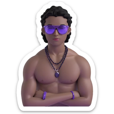 shirtless male athlete with white skin and moderately curly black hair on top with shaved sides, wearing purple sunglasses with black tinted lenses and a plain black chain necklace without pendant sticker