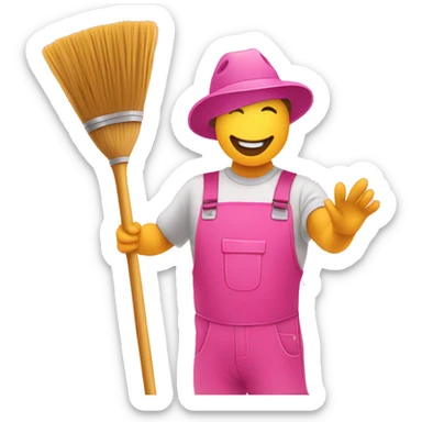 An illustration of an emoji holding a broom, bucket and taking a selfie, in pink and gold colors. sticker