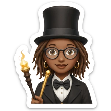 Black female with dread lock hair and large glasses in a top hat with a magic wand sticker
