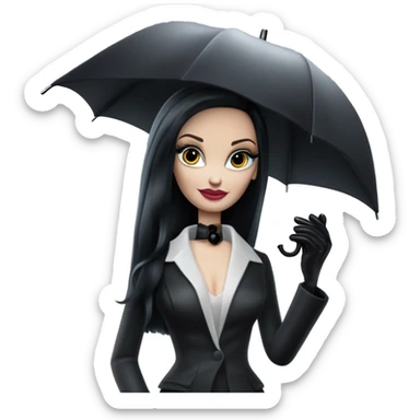 Parisienne Pretty Barbie Morticia Addams at a rainy funeral holding umbrella, accessories ,gloves, small purse  sticker