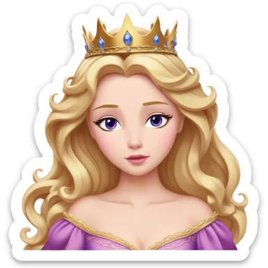 Cinematic Realistic Sleeping Beauty (Aurora) Portrait, with porcelain-like skin featuring a natural rosy flush, illuminated by soft lighting that highlights the gentle contours of her face. Her golden blonde hair flows in soft, detailed waves with subtle highlights that shimmer in the light. Her deep violet-blue eyes radiate warmth and innocence, framed by arched brows and long lashes. Her serene expression exudes quiet elegance. She is dressed in her classic pink gown, the fabric rich in texture with delicate folds that catch the light. A golden crown rests atop her head, gleaming with royal refinement. The portrait captures a soft, glowing aura, blending realism with an ethereal sense of beauty and timeless enchantment. sticker