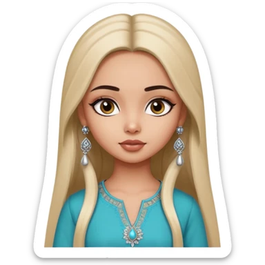 generate a pretty bratz girl wearing a kurti, eyeliner on, long straight hair, silver jhumkas in ear sticker