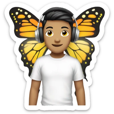 white tshirt asian boy with headphone and butterfly  sticker
