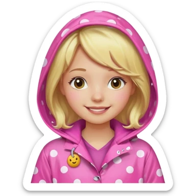 Blonde girl in a pink polka dot raincoat with hoodie sticker