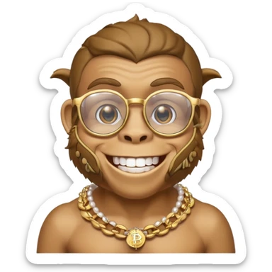 rich monkey with glasses smiling with diamond grillz and a bitcoin golden chain with diamond pearls sticker