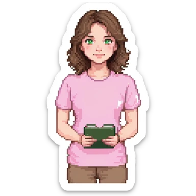 teacher with brown hair, white skin, wearing a pink t-shirt sticker