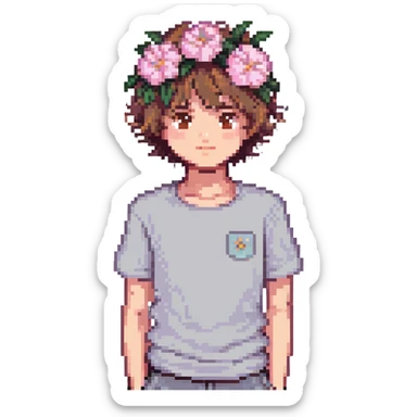 a boy with fluffy, wavy short hair and brown eyes, wearing a light grey t-shirt and a light pink flower on his head, pixel art style sticker