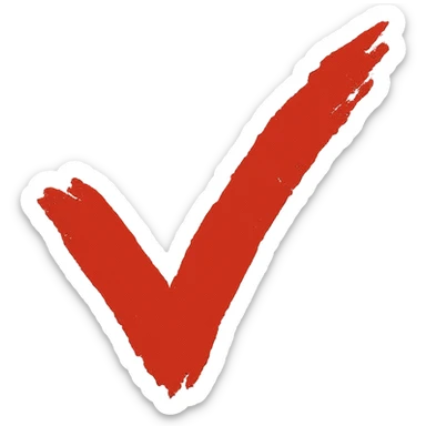 checkmark as a marker for "yes" in text, torn brush stroke style, same thickness and style as the cross, eastern calligraphy, red color, no background, 512x512px sticker