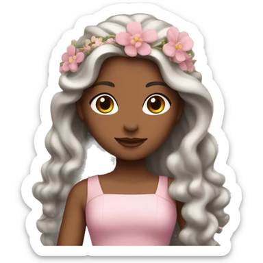 White princess with slightly wavy brown hair, a long flowy pink dress and flowers in her hair sticker
