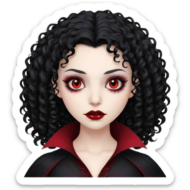 cabelos cacheados pretos, corte em camadas, pele pálida, olhos vermelhos escuros, vampiro, sexo feminino sticker