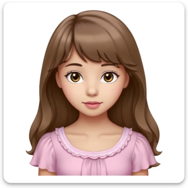 A teenage cute girl with very light olive skin and soft pinkish cheeks. Large bambie dark hazel eyes. Long wavy light brown hair with soft bangs. Features are very feminine and beautiful. medium straight nose with a soft tip. Medium natural pink lips. Wearing a simple dress in pink and white.  sticker