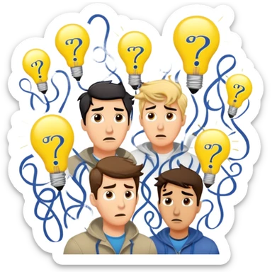 Group of men with chaotic minds, swirling tornadoes of tangled thoughts around their heads, containing question marks, light bulbs, and scribbles. The men have bewildered, overwhelmed expressions. sticker