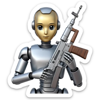 An AI humanoid robot looking smart and holding an AK-47 sticker