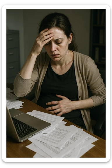 Empathetic photorealistic shot of a woman at her desk, overwhelmed by work. One hand is pressed against her forehead, the other grips her painful, bloated abdomen. Papers are scattered around her. The lighting is harsh and unflattering, emphasizing her pale complexion and the dark circles under her eyes. sticker