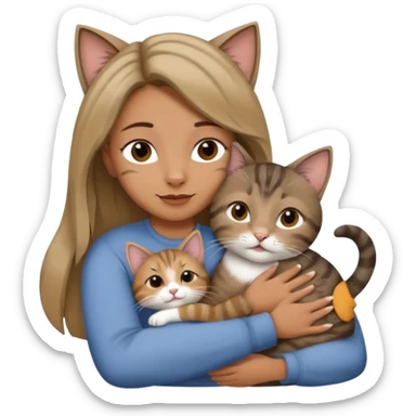 Une femme avec les cheveux dégradée, brun et blond, qui fait un câlin à son chat gris, tigré avec les extrémités que pattes pointe d’oreilles noires et le dessous du menton blanc  sticker