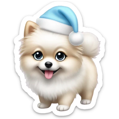 white pomeranian puppy full body light blue eyes pink christmas hat on sticker