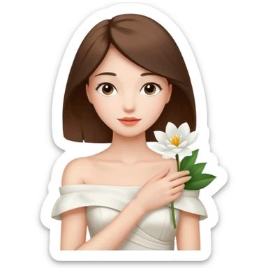 Pretty lady wearing a white silky off-the-shoulder folded neckline and holding a white flower on her right hand sticker