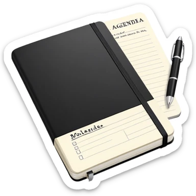 An open black Moleskine notebook with meeting agenda written at the top and clearly visible bullet points below sticker