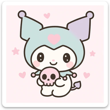 Kuromi character, kawaii style, holding a skull, pink accents sticker