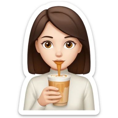 white brunette with brown eyes and a white outfit, drinking a caramel machiatto sticker