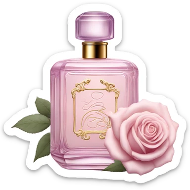 Aesthetic composition of soft pink roses with a vintage-style purple perfume bottle.
 sticker